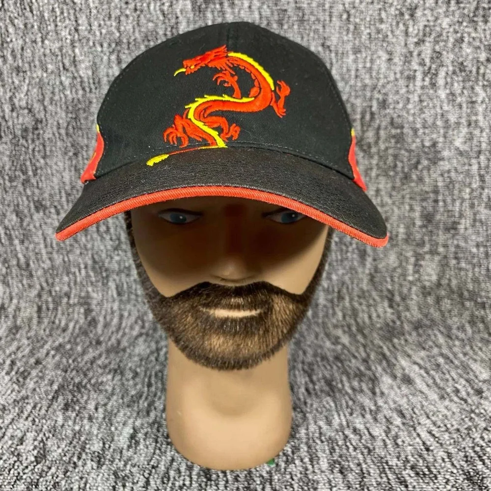 Dragon Flame Baseball Hat Mens OSFM‎ Black Red Embroidered Biker Y2K Streetwear